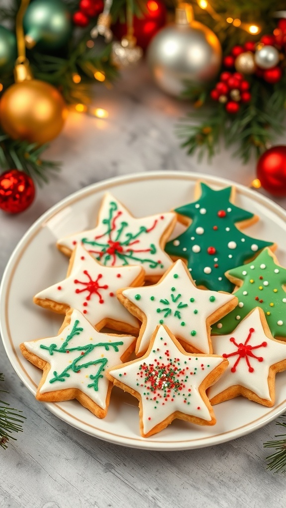 A festive plate of vintage Christmas cookies decorated with icing and sprinkles, surrounded by holiday decorations.